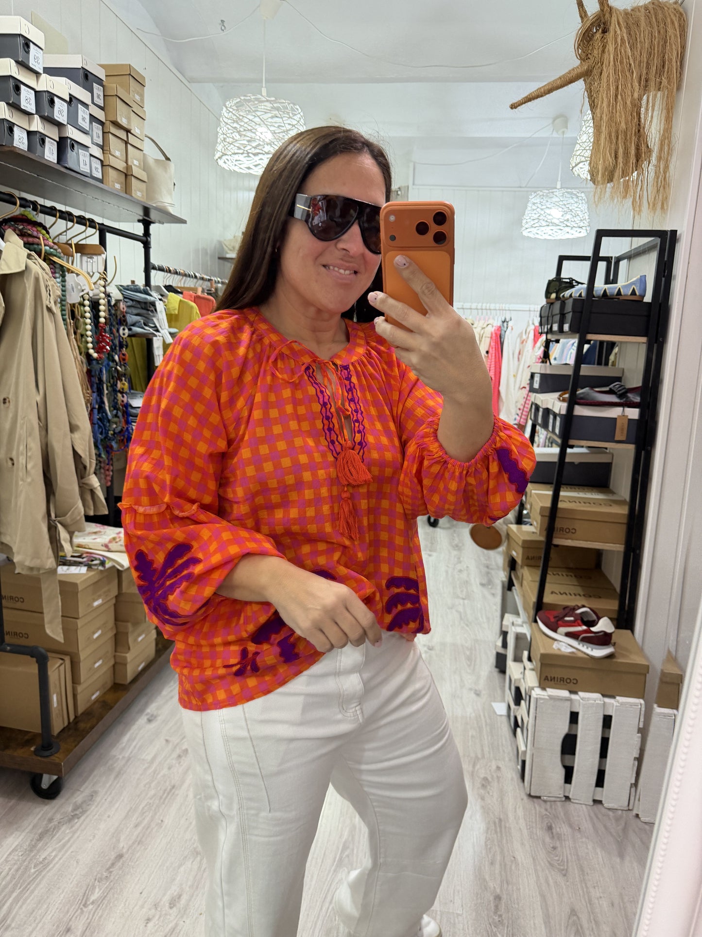Blusa Jaipur vichy naranja y lila