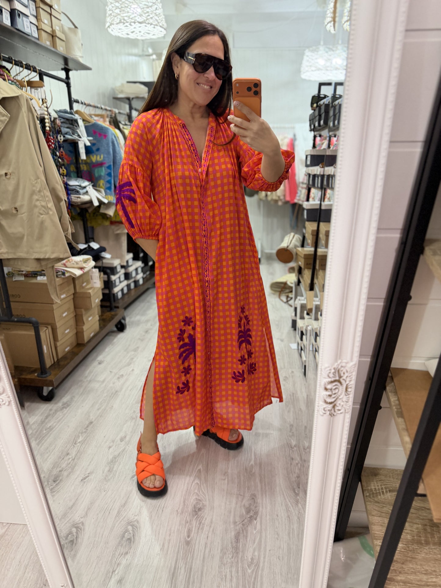 Vestido Jaipur vichy naranja y lila