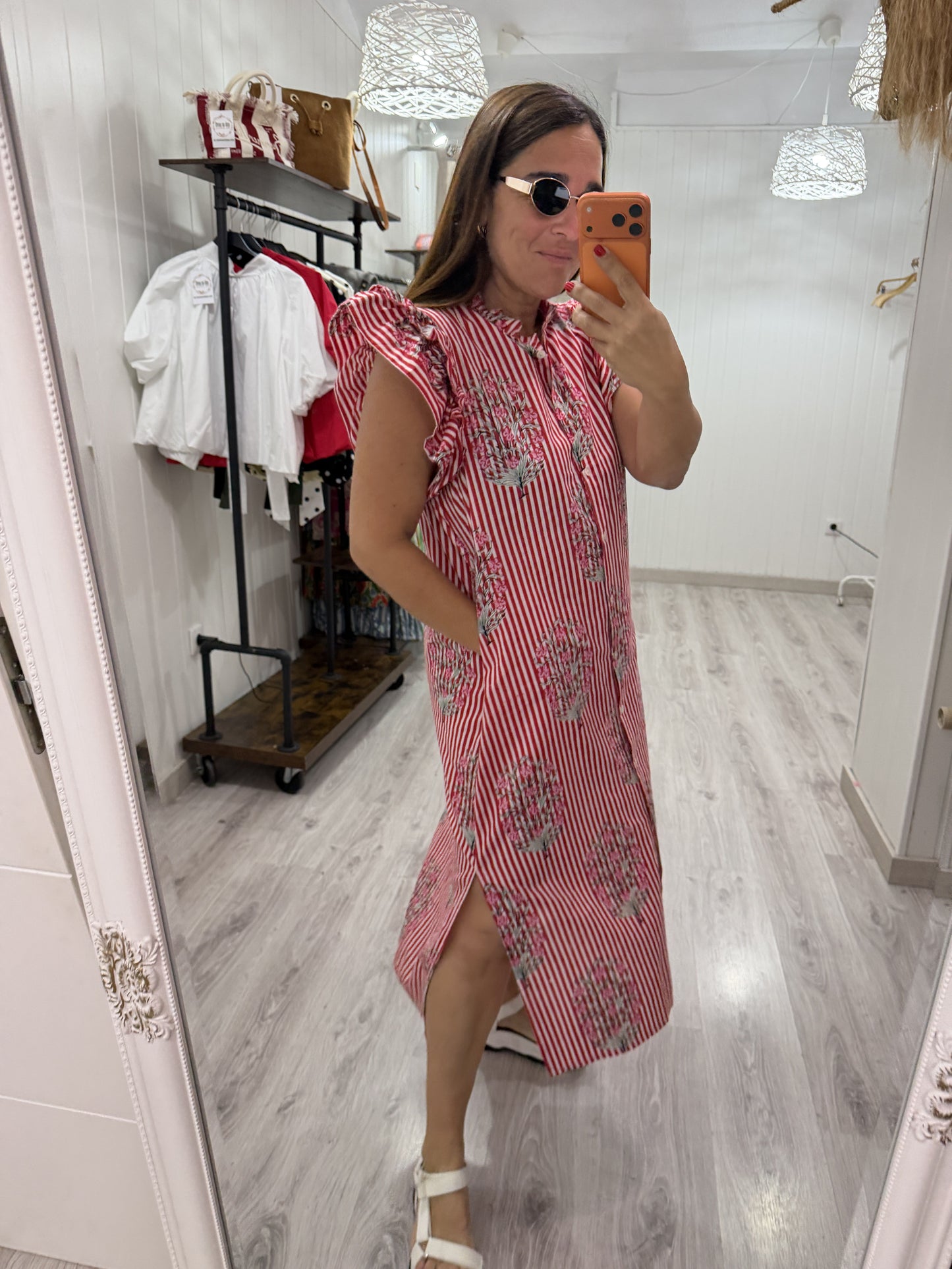 Vestido Indira milrayas rojo y flores