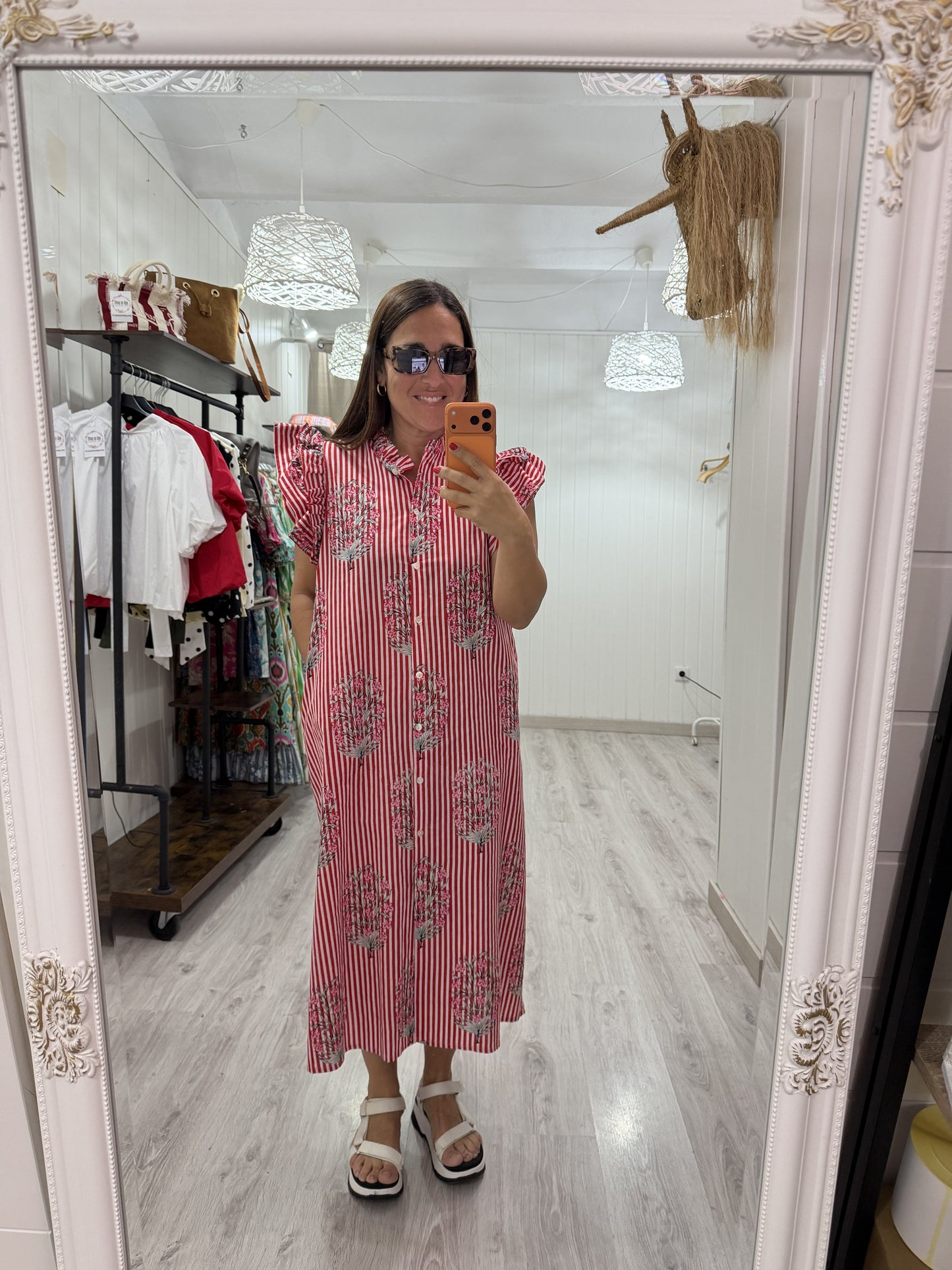 Vestido Indira milrayas rojo y flores