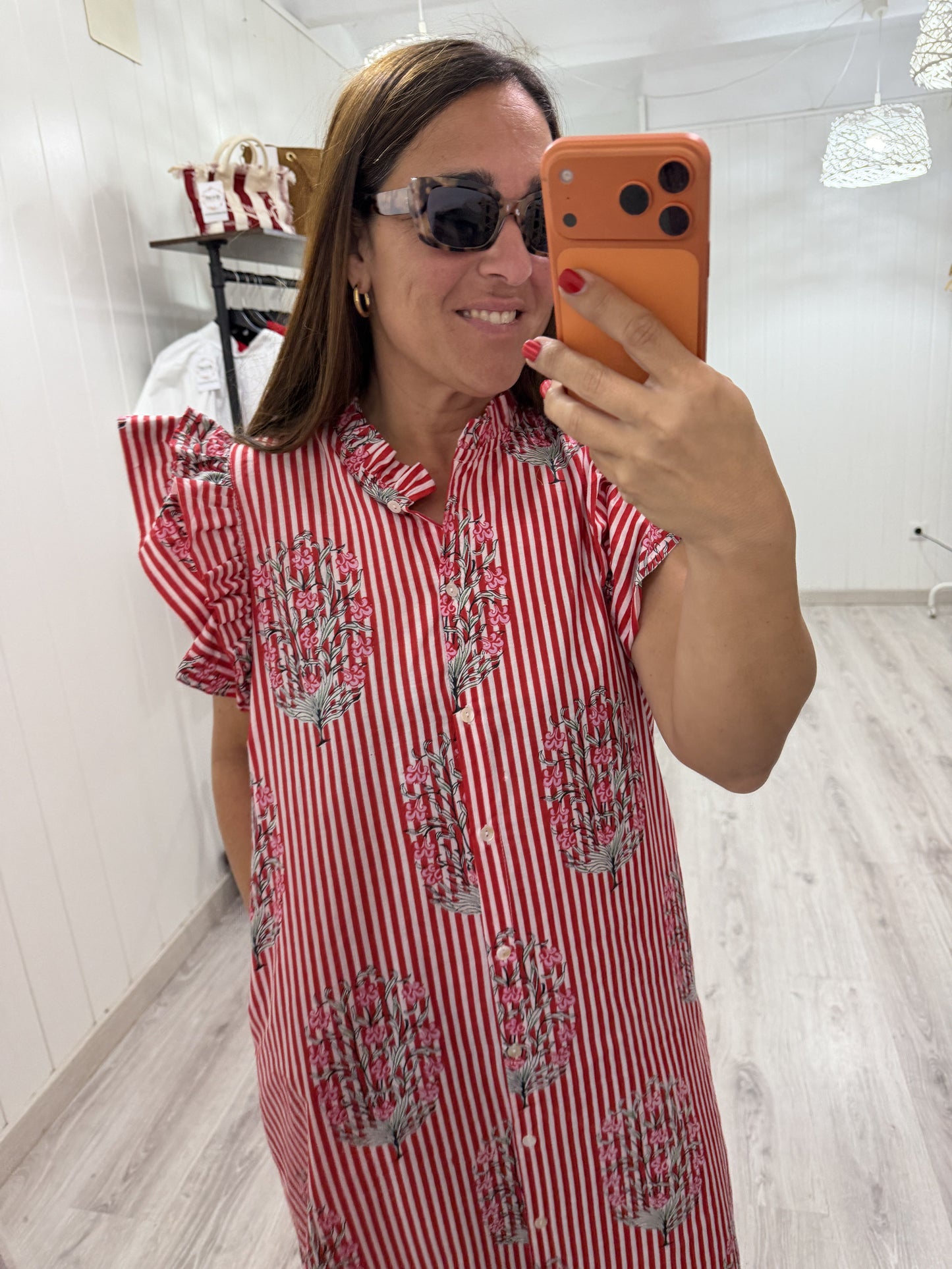 Vestido Indira milrayas rojo y flores