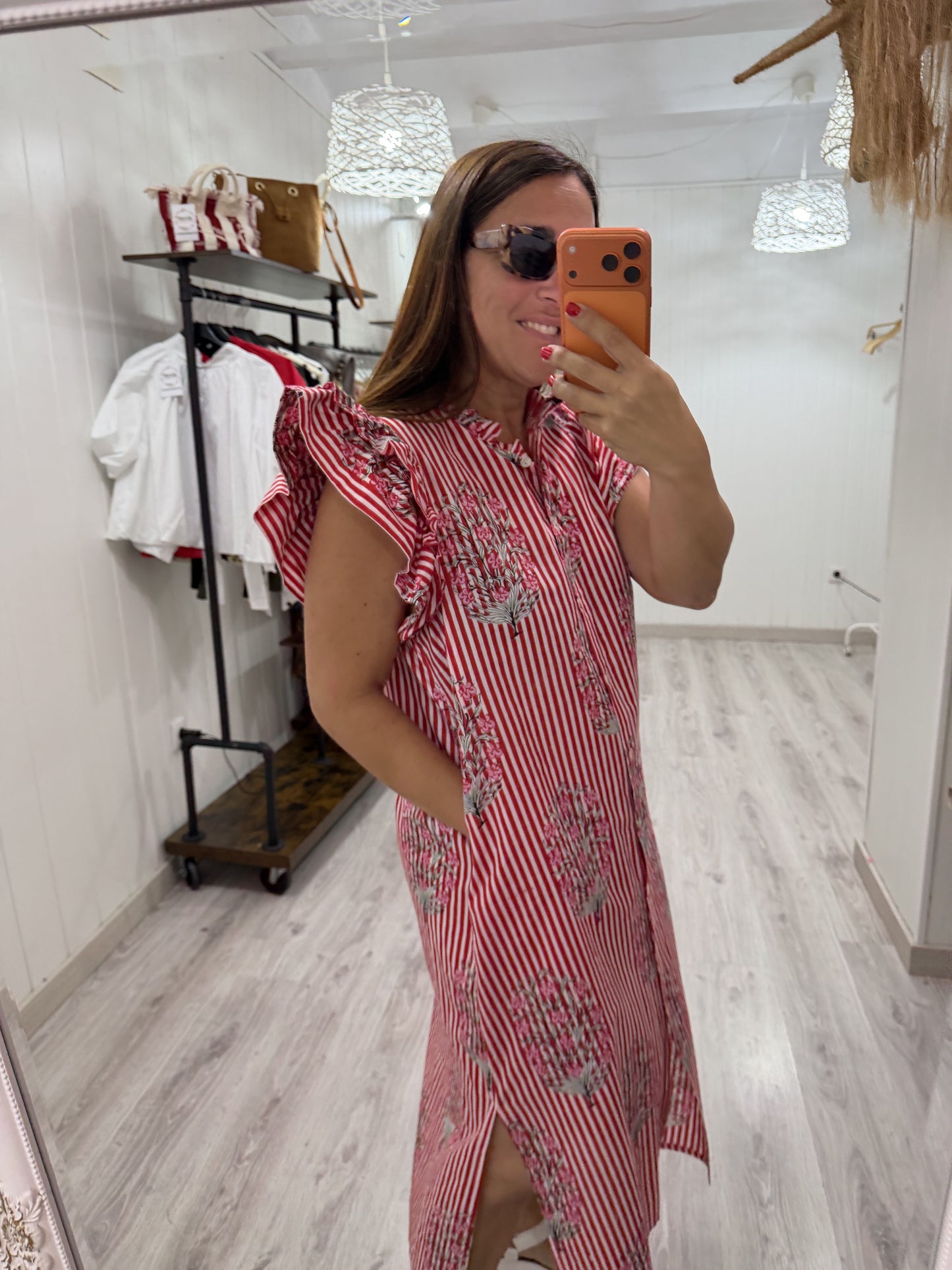 Vestido Indira milrayas rojo y flores