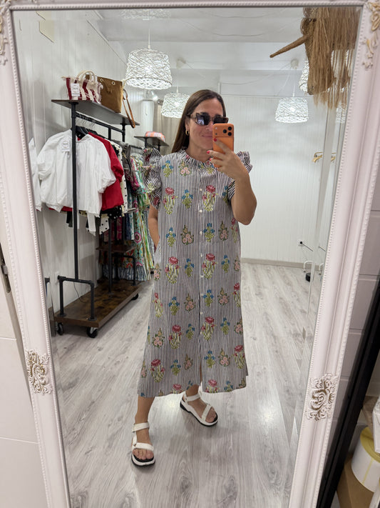 Vestido Indira milrayas negro y flores