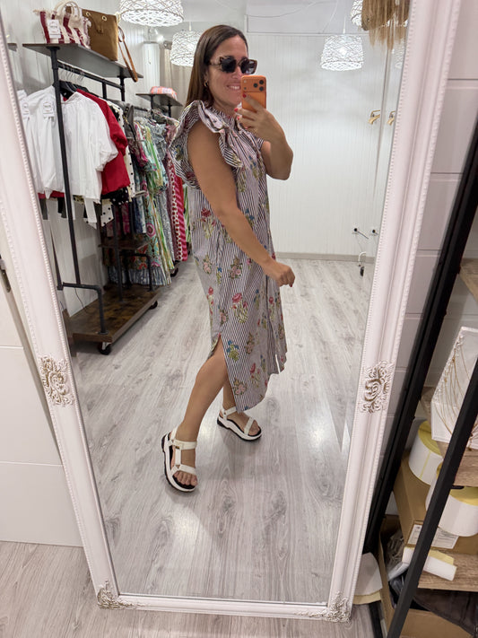 Vestido Indira milrayas negro y flores