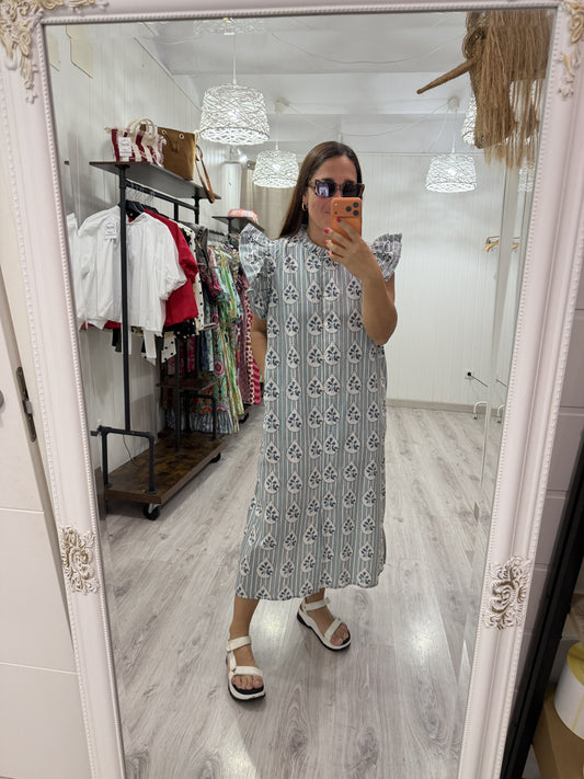 Vestido Indira buganvillas azul y mint