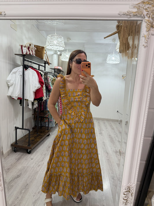 Vestido Rocío mostaza florecitas