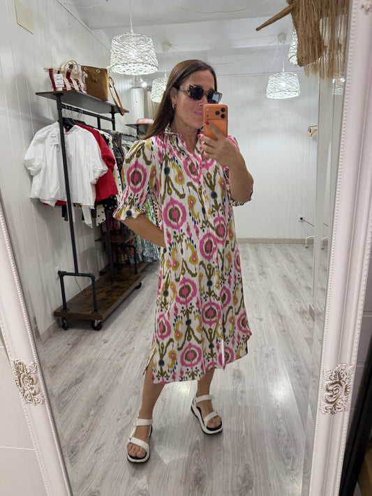 Vestido Sira largo · Ikat fucsia