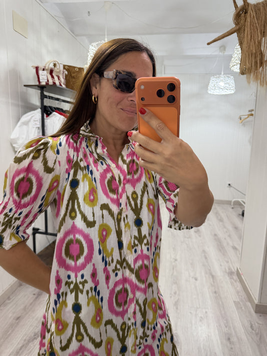 Vestido Sira largo · Ikat fucsia