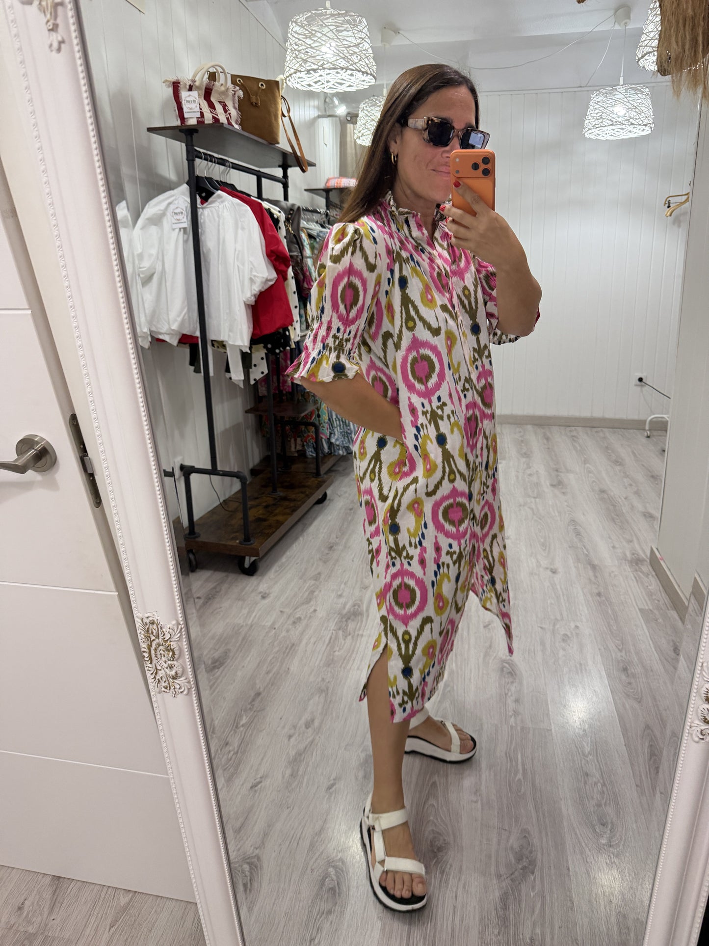 Vestido Sira largo · Ikat fucsia