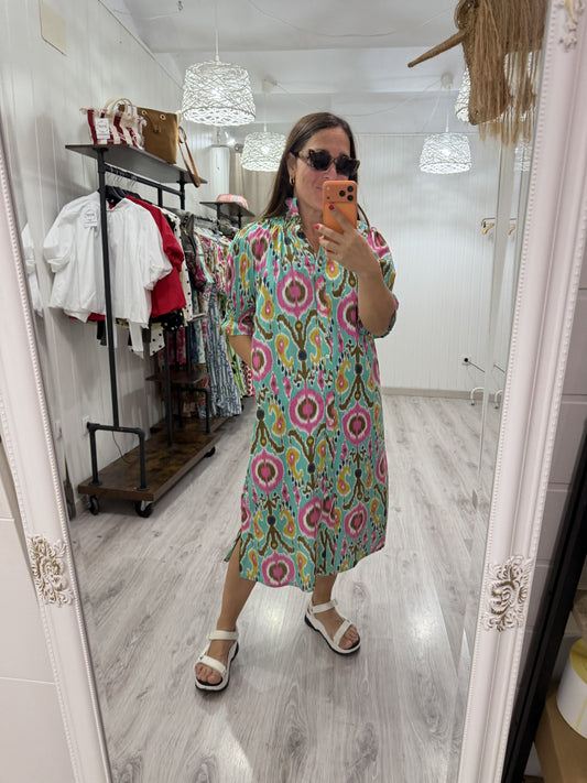 Vestido Sira largo · Ikat turquesa