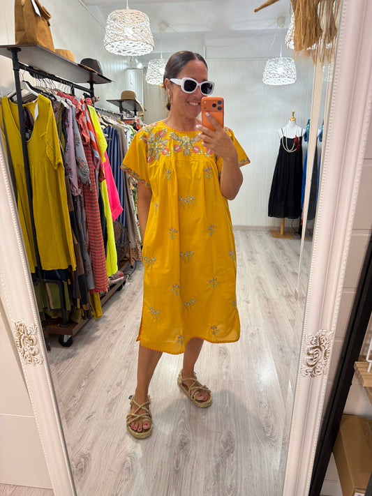 Vestido Mexicano Tijuana midi mostaza