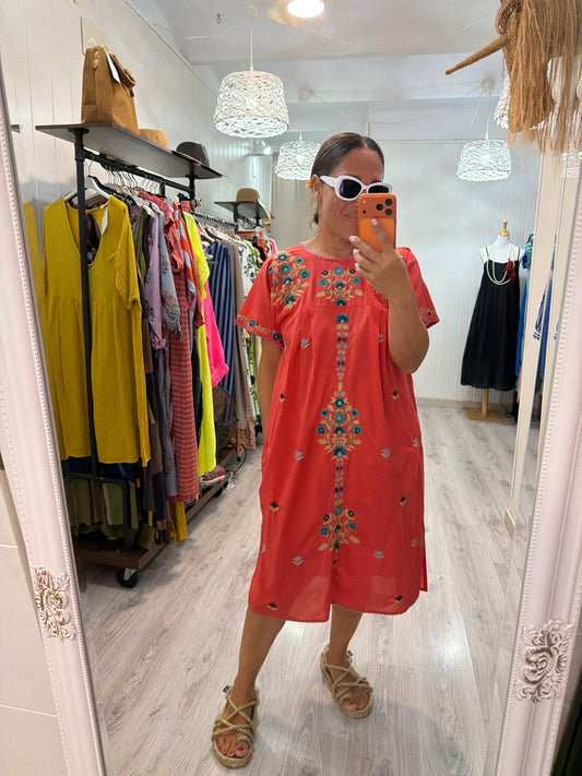 Vestido Mexicano Tijuana midi coral 1