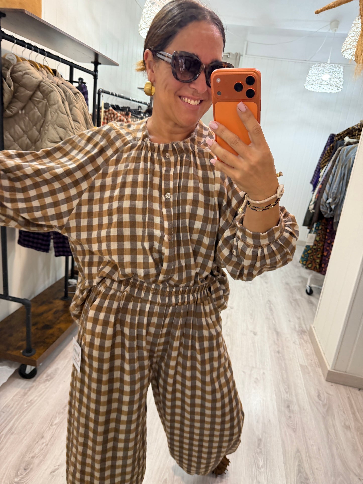 Pantalón Noon Vichy franela camel