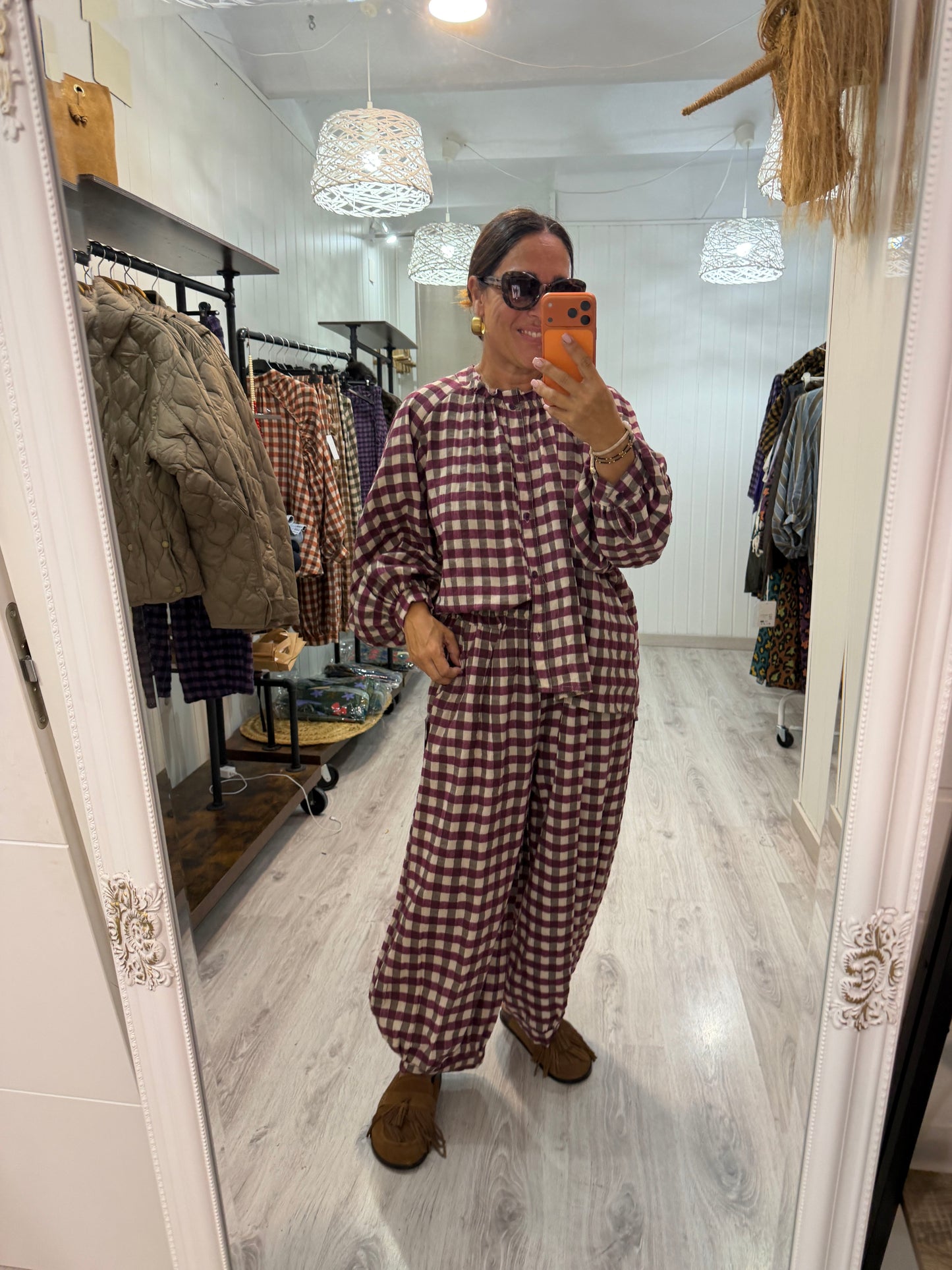 Pantalón Noon Vichy franela berenjena