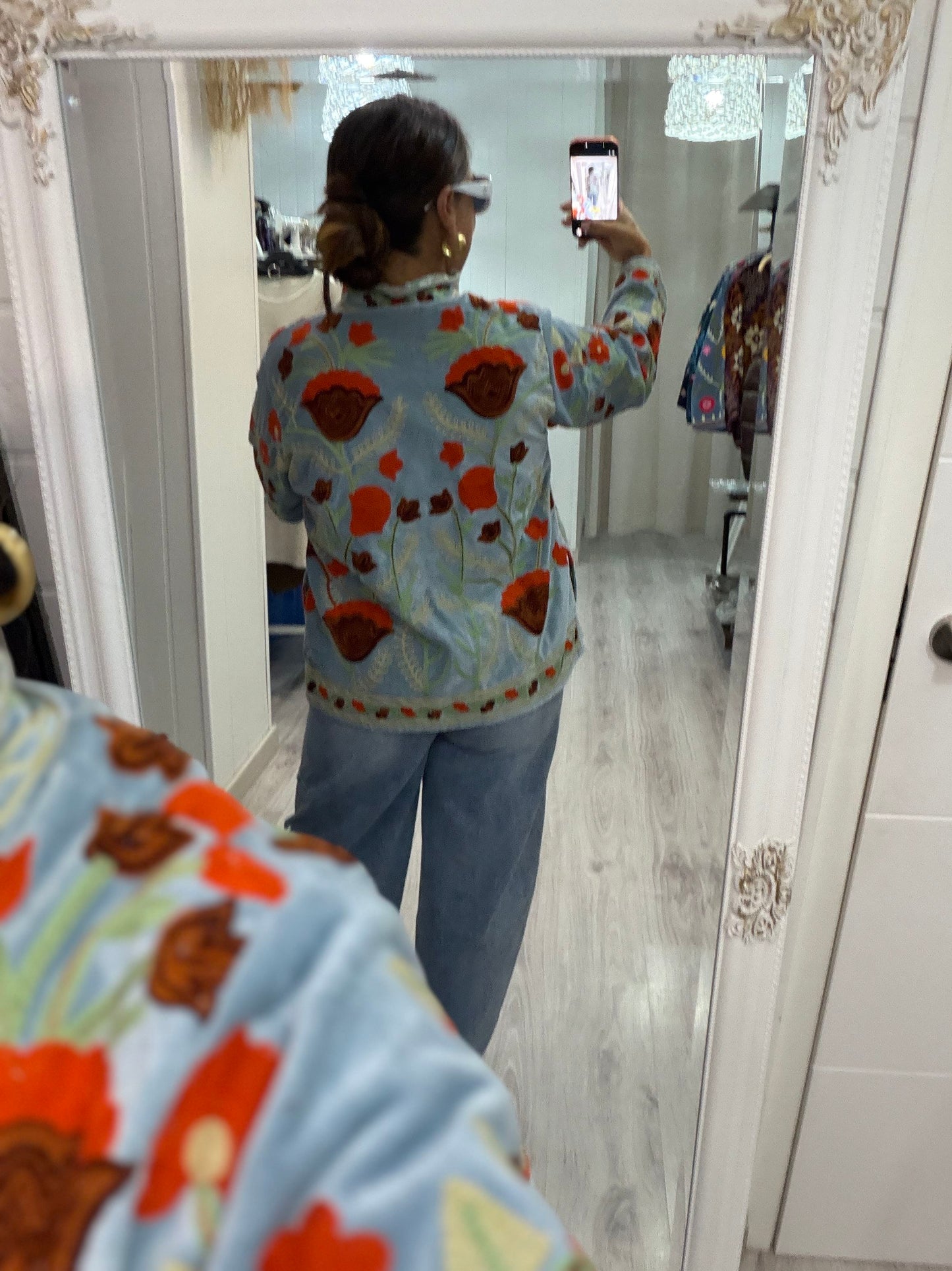 Chaqueta Suzani terciopelo azul jeans, burdeos, verde