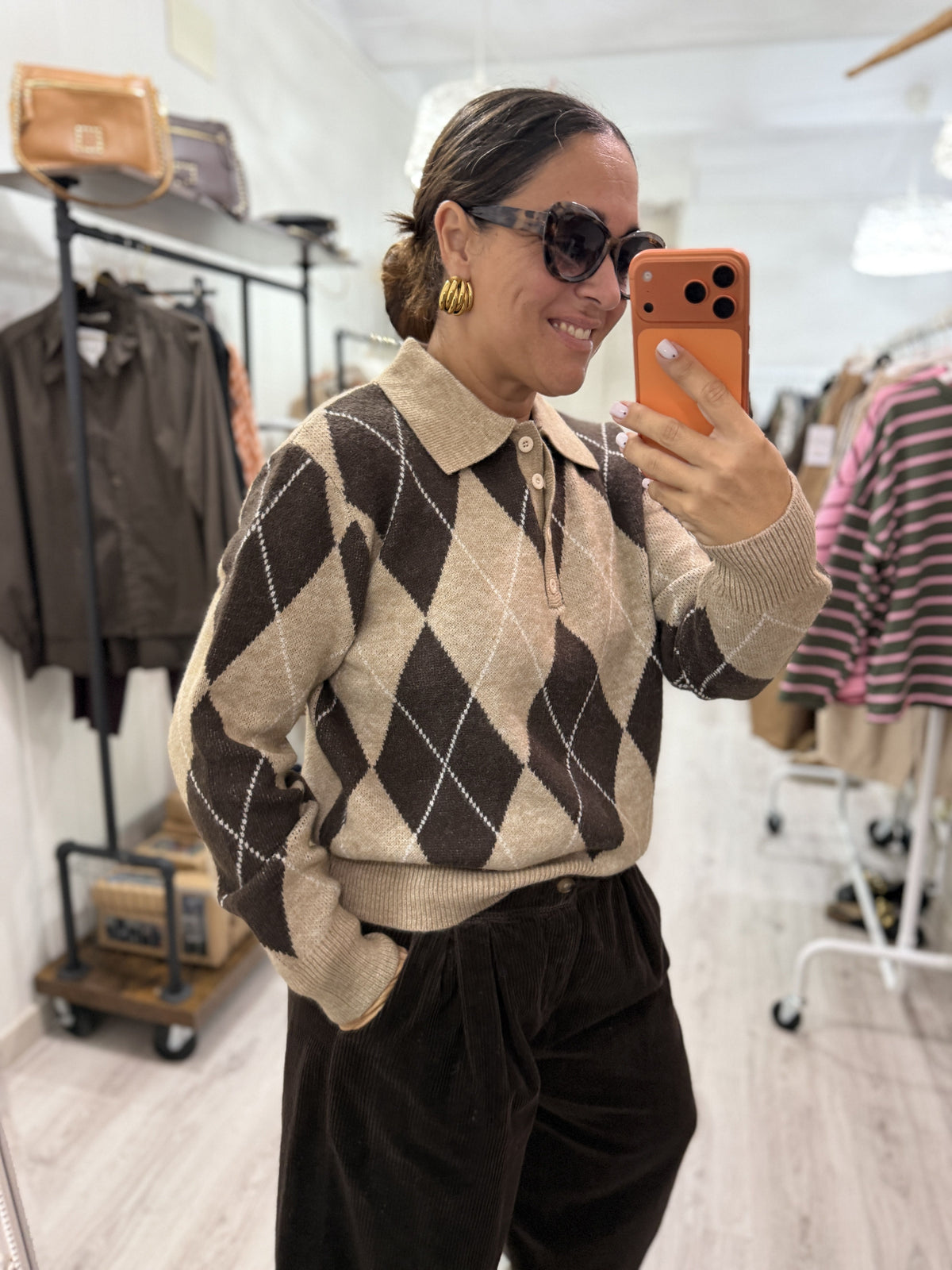 Jersei Copenhague rombos chocolate y taupe
