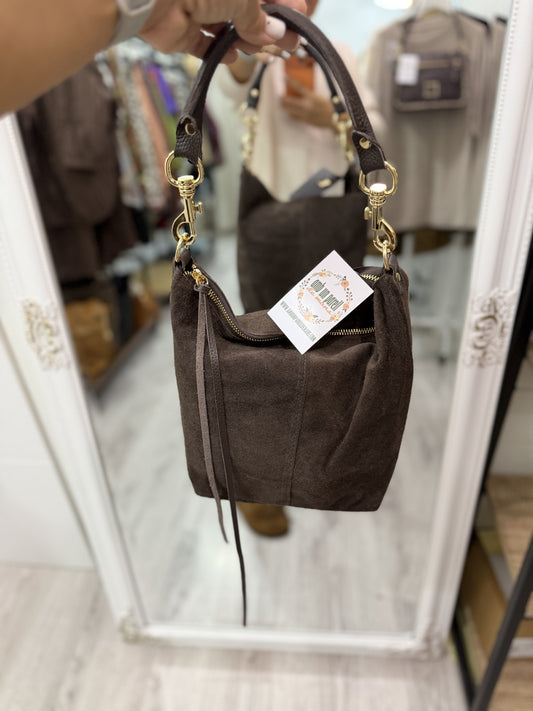 Bolso Fleco cuero y ante chocolate· incluye asa bandolera