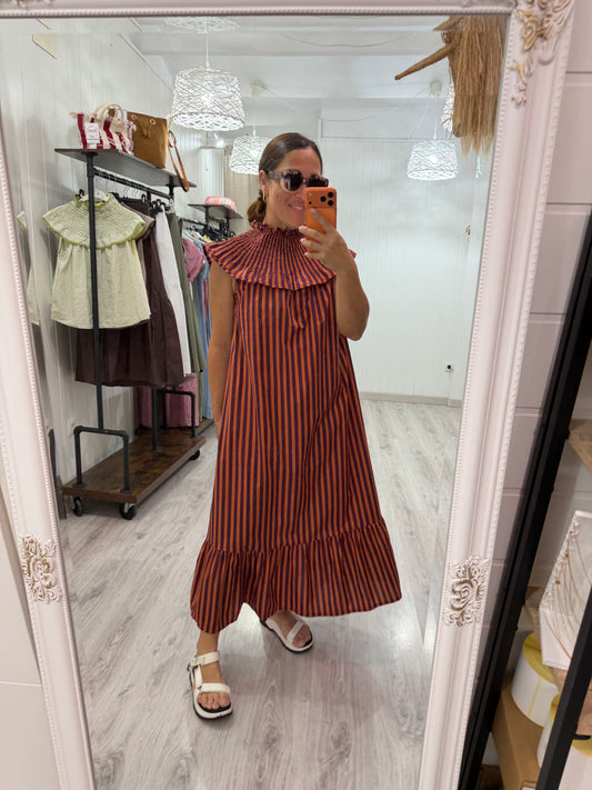 Vestido Carmen naranja y berenjena