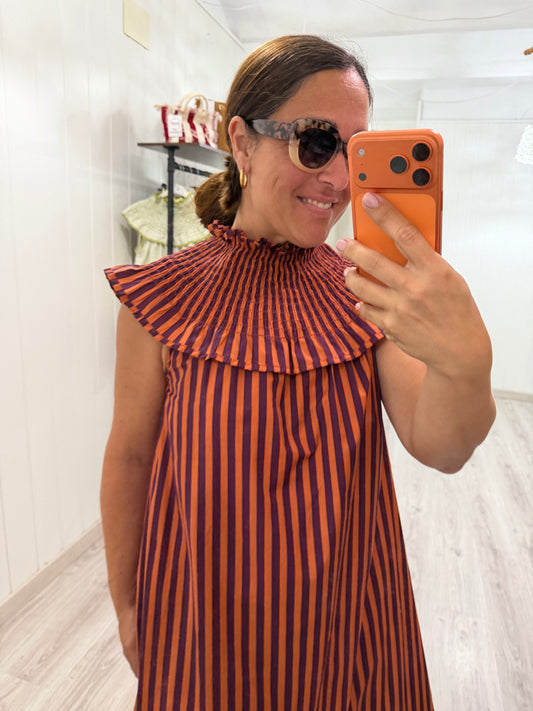 Vestido Carmen naranja y berenjena