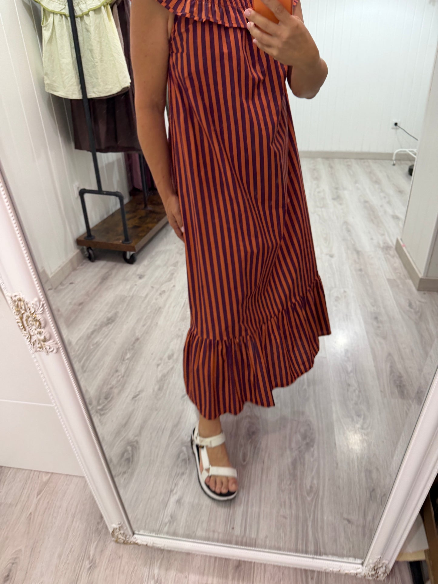 Vestido Carmen naranja y berenjena