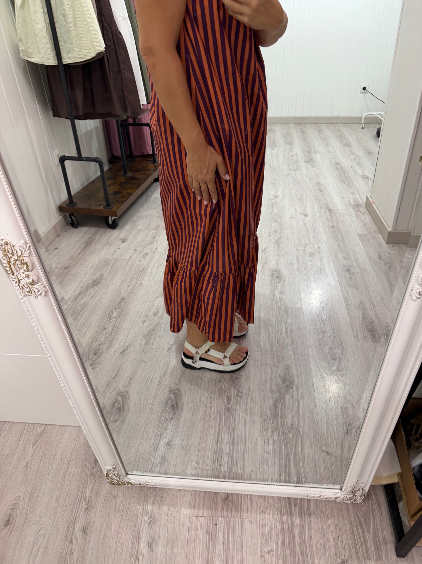 Vestido Carmen naranja y berenjena