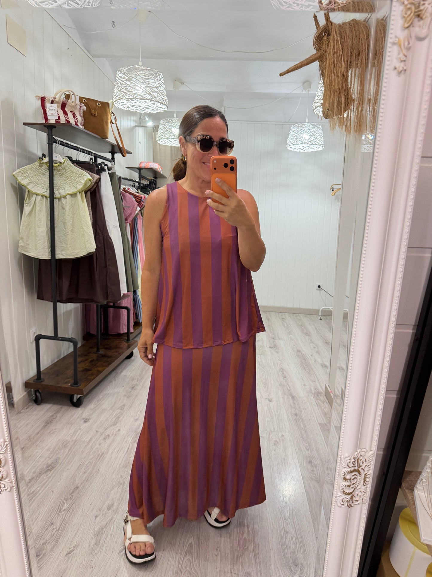 Falda Lisboa licra fría naranja y lila