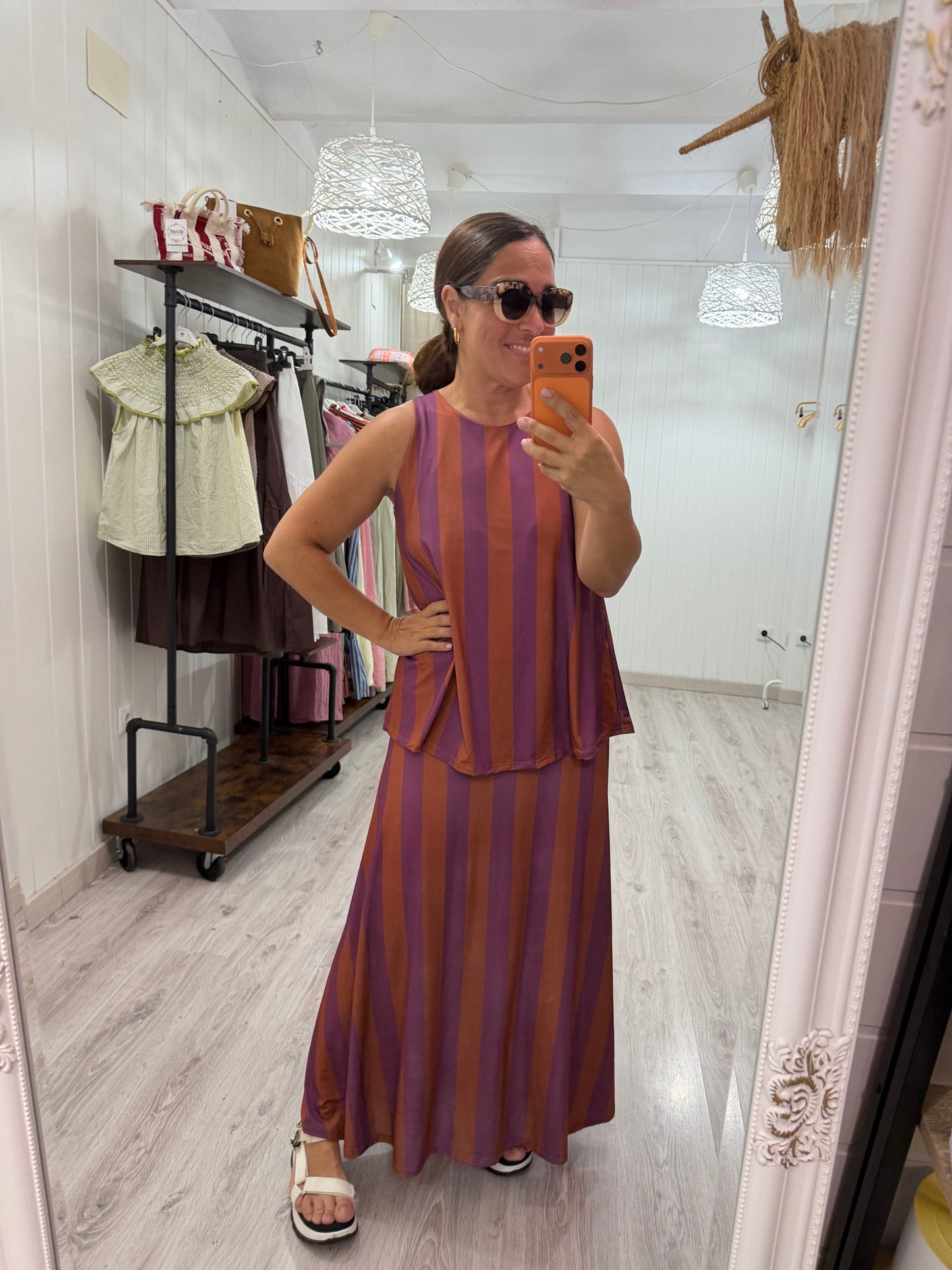 Falda Lisboa licra fría naranja y lila