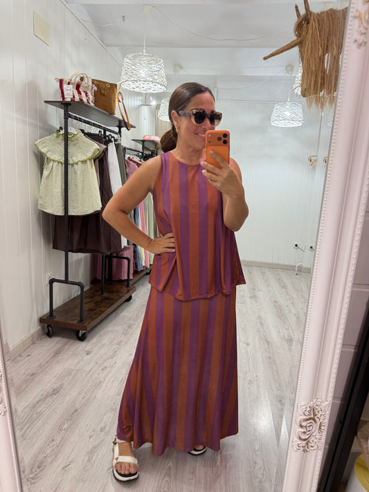 Top Lisboa licra fría naranja y lila