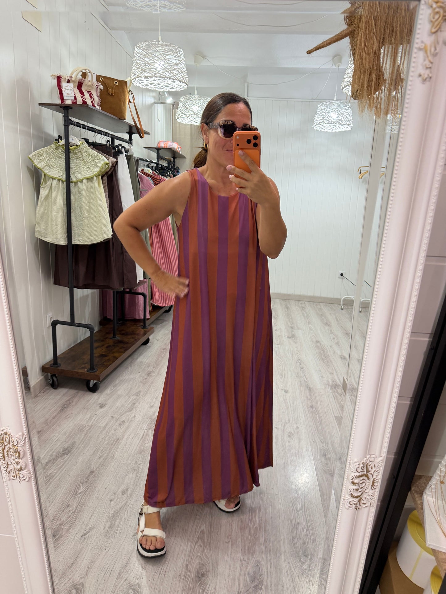 Vestido Lisboa licra fría naranja y lila