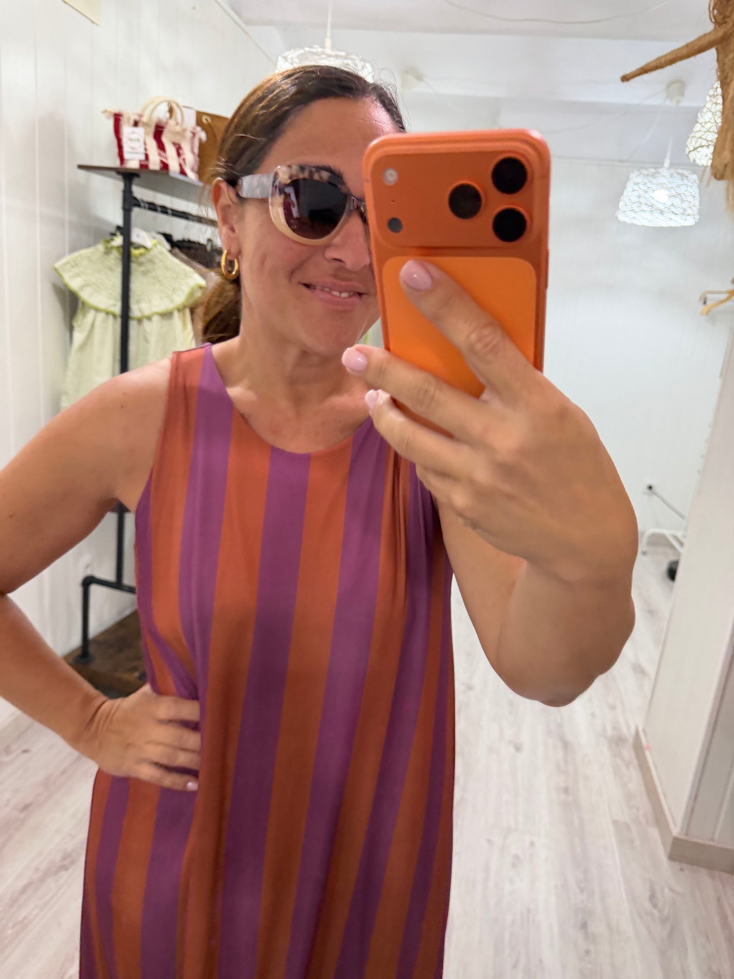 Vestido Lisboa licra fría naranja y lila
