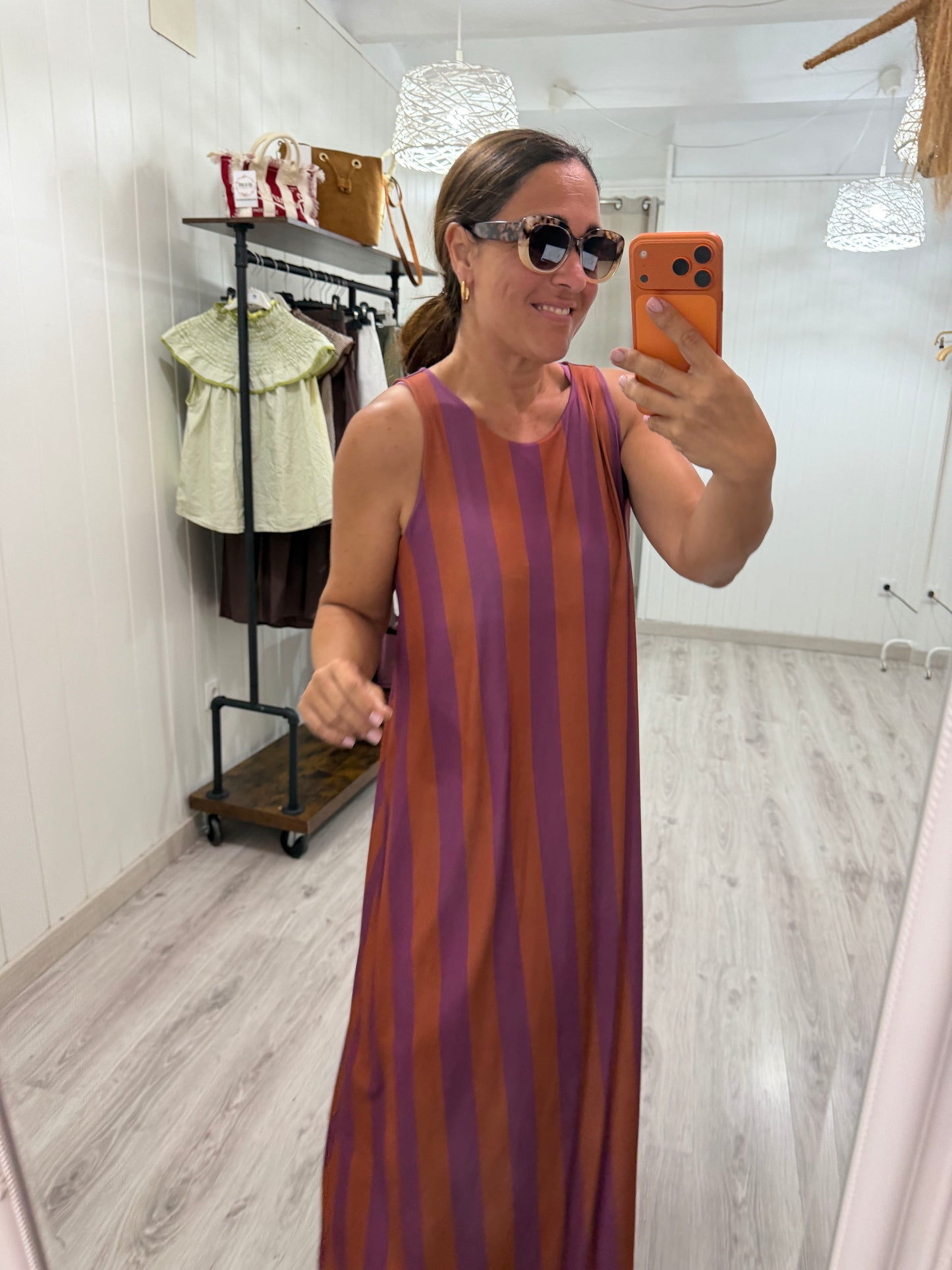 Vestido Lisboa licra fría naranja y lila