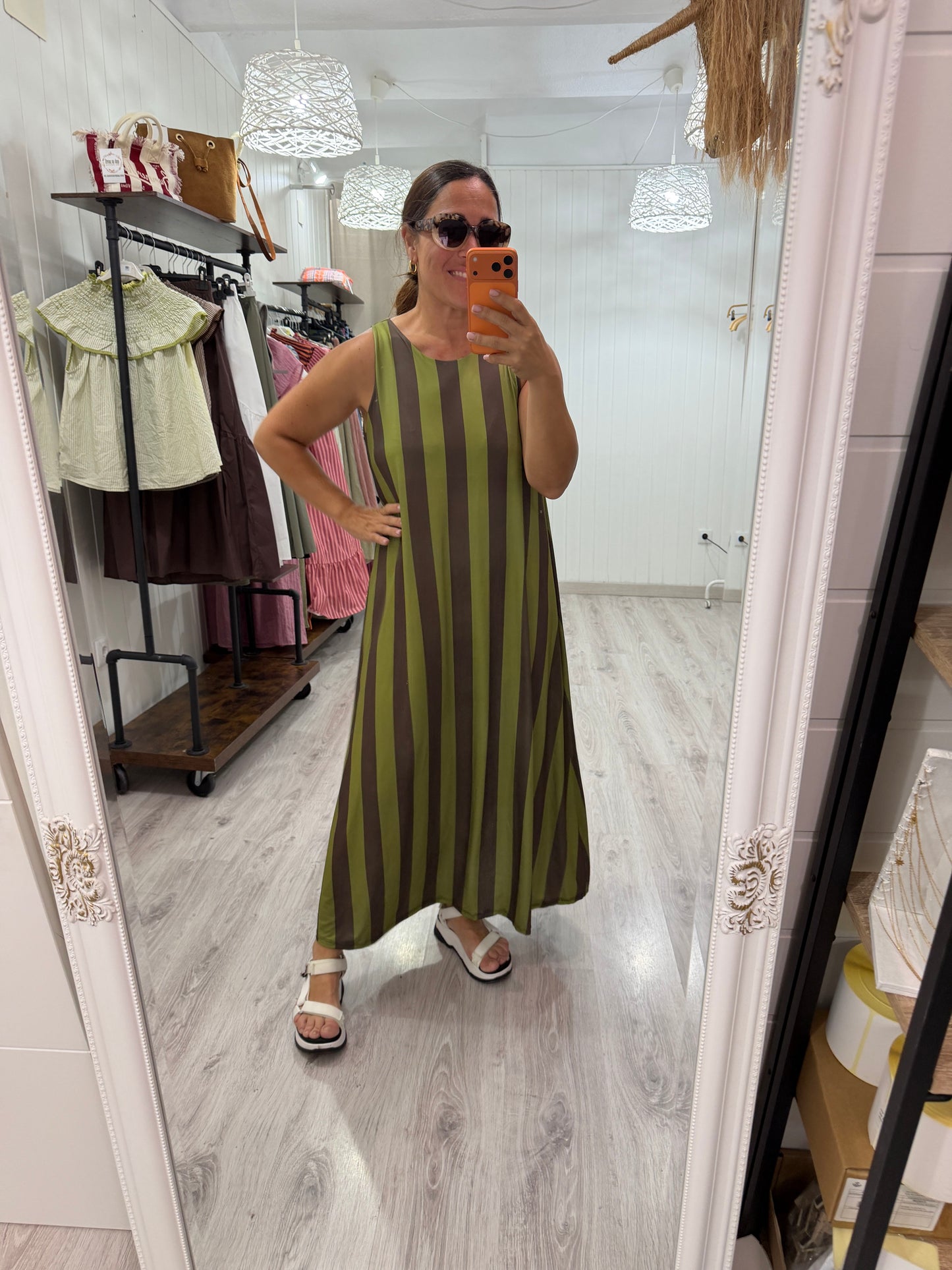 Vestido Lisboa licra fría chocolate y pistacho