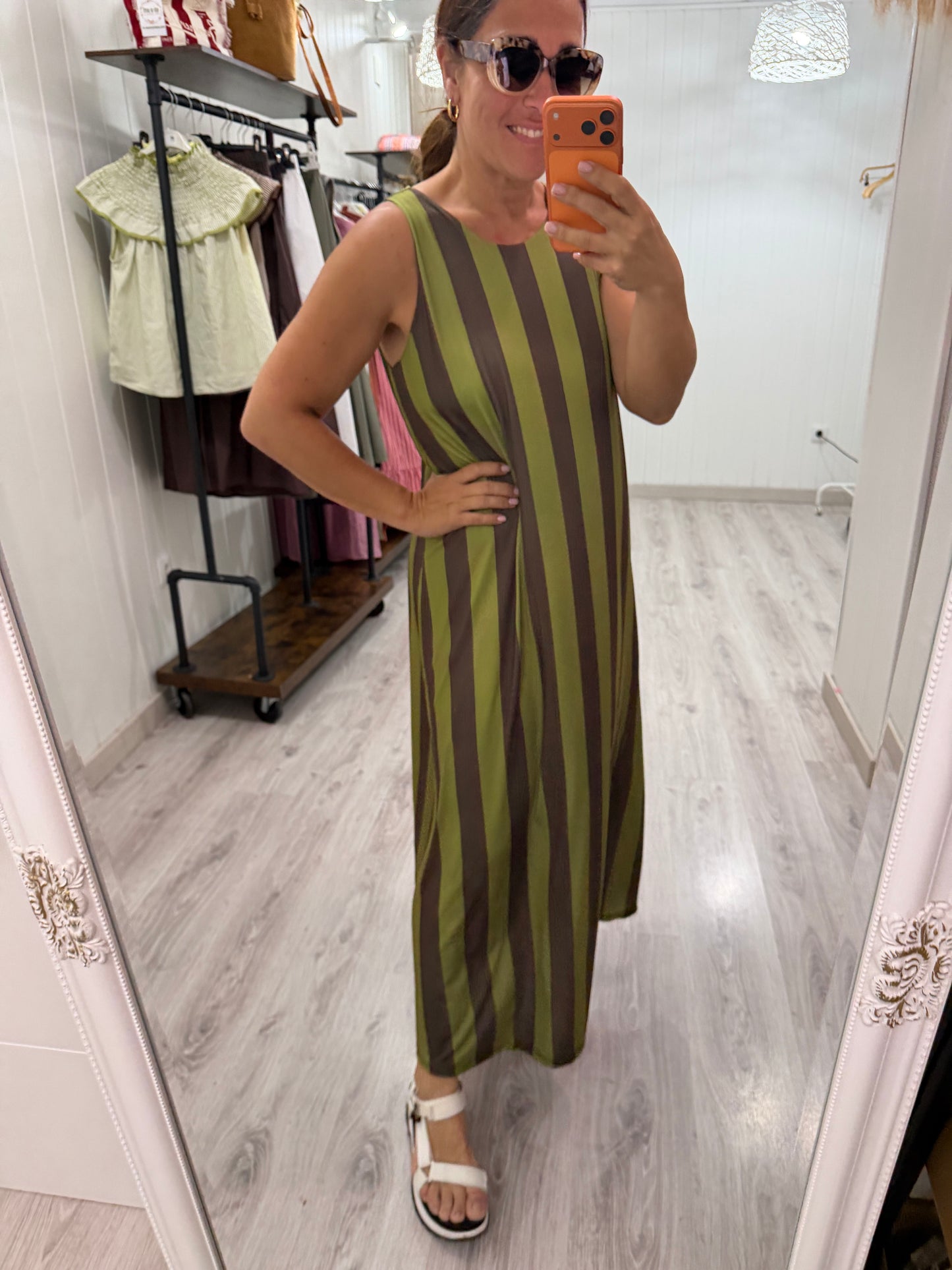 Vestido Lisboa licra fría chocolate y pistacho