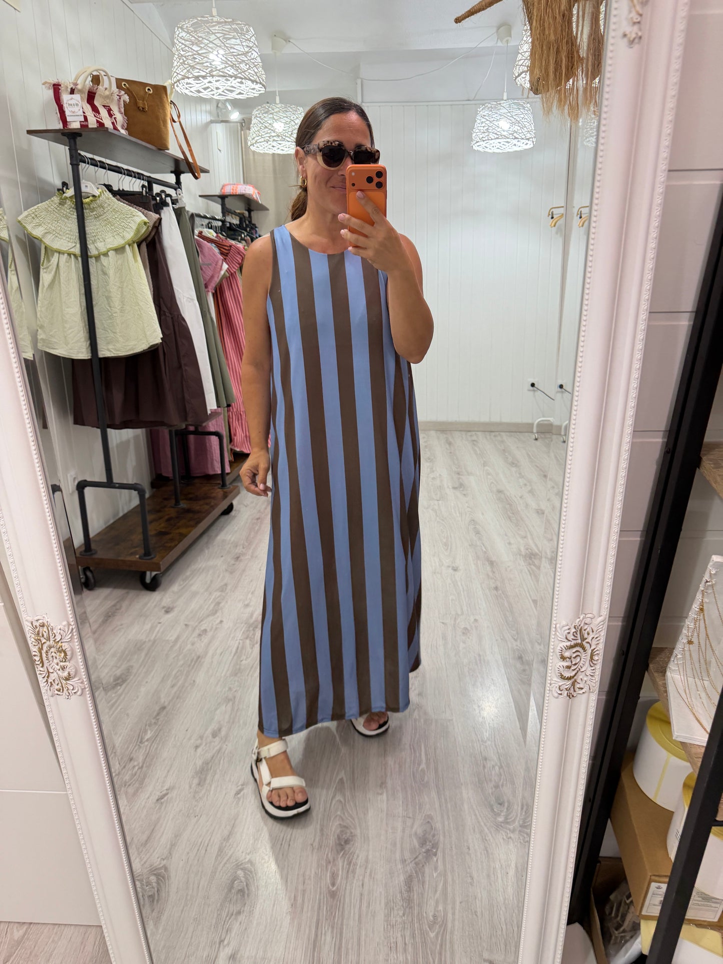 Vestido Lisboa licra fría cielo y chocolate
