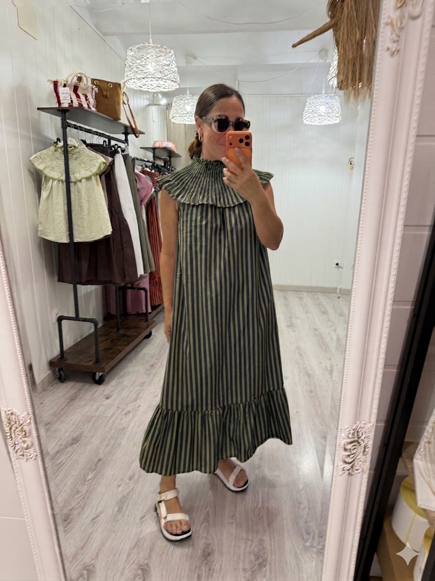 Vestido Carmen marino y pistacho