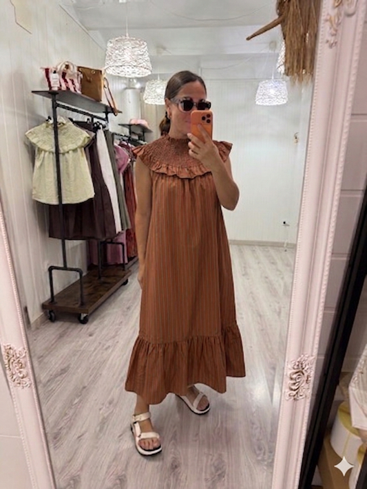 Vestido Carmen naranja y camel