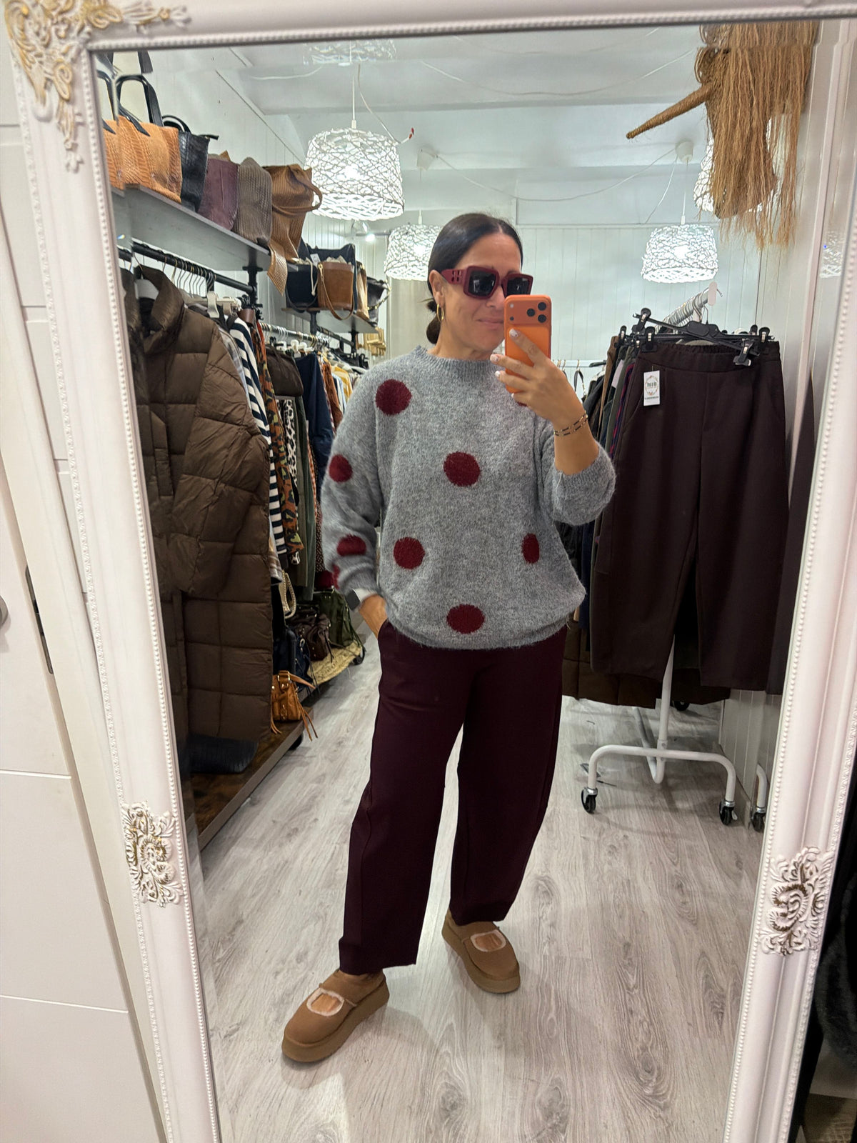 Jersei Polka Dots gris y burdeos