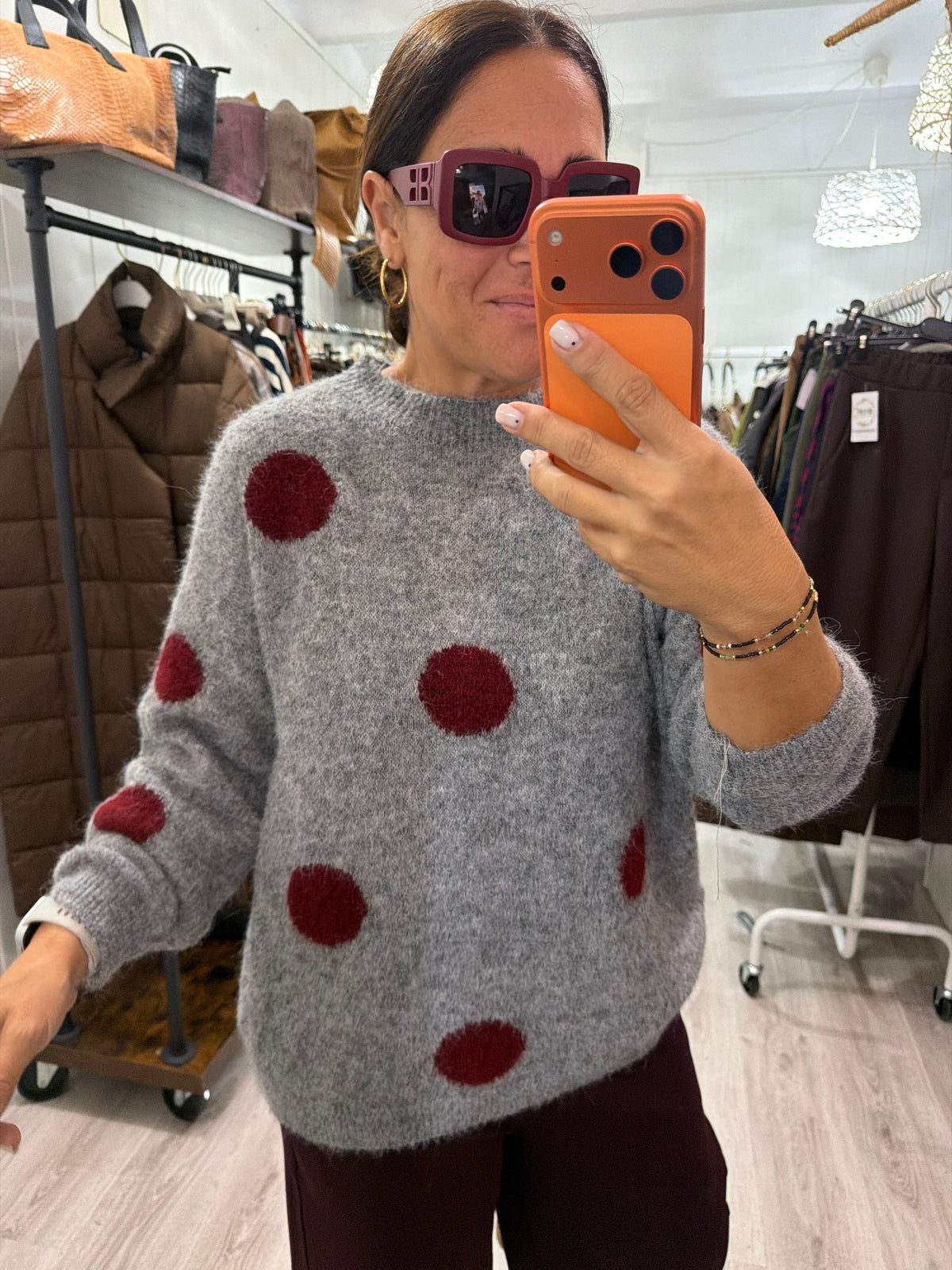 Jersei Polka Dots gris y burdeos