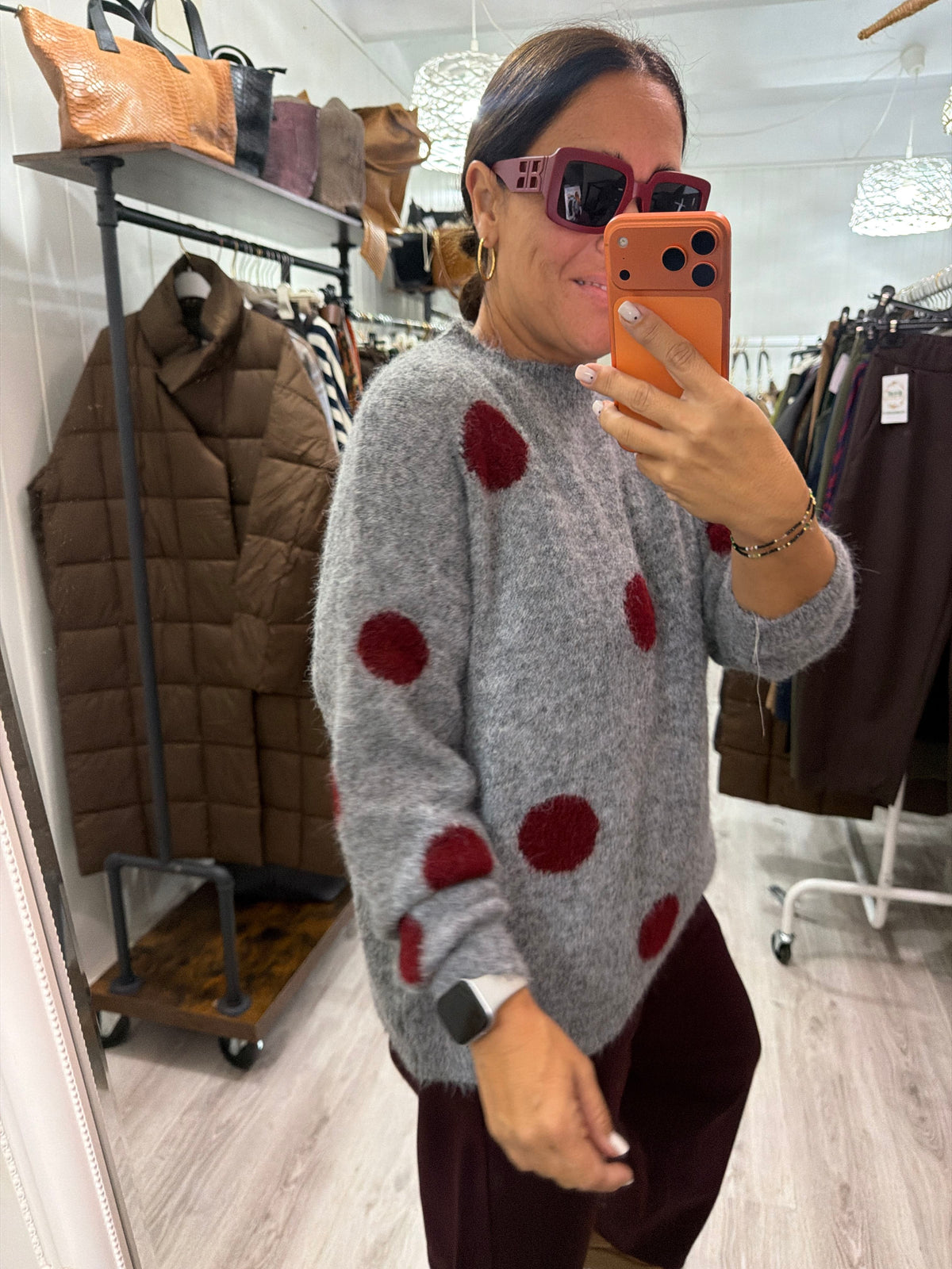 Jersei Polka Dots gris y burdeos