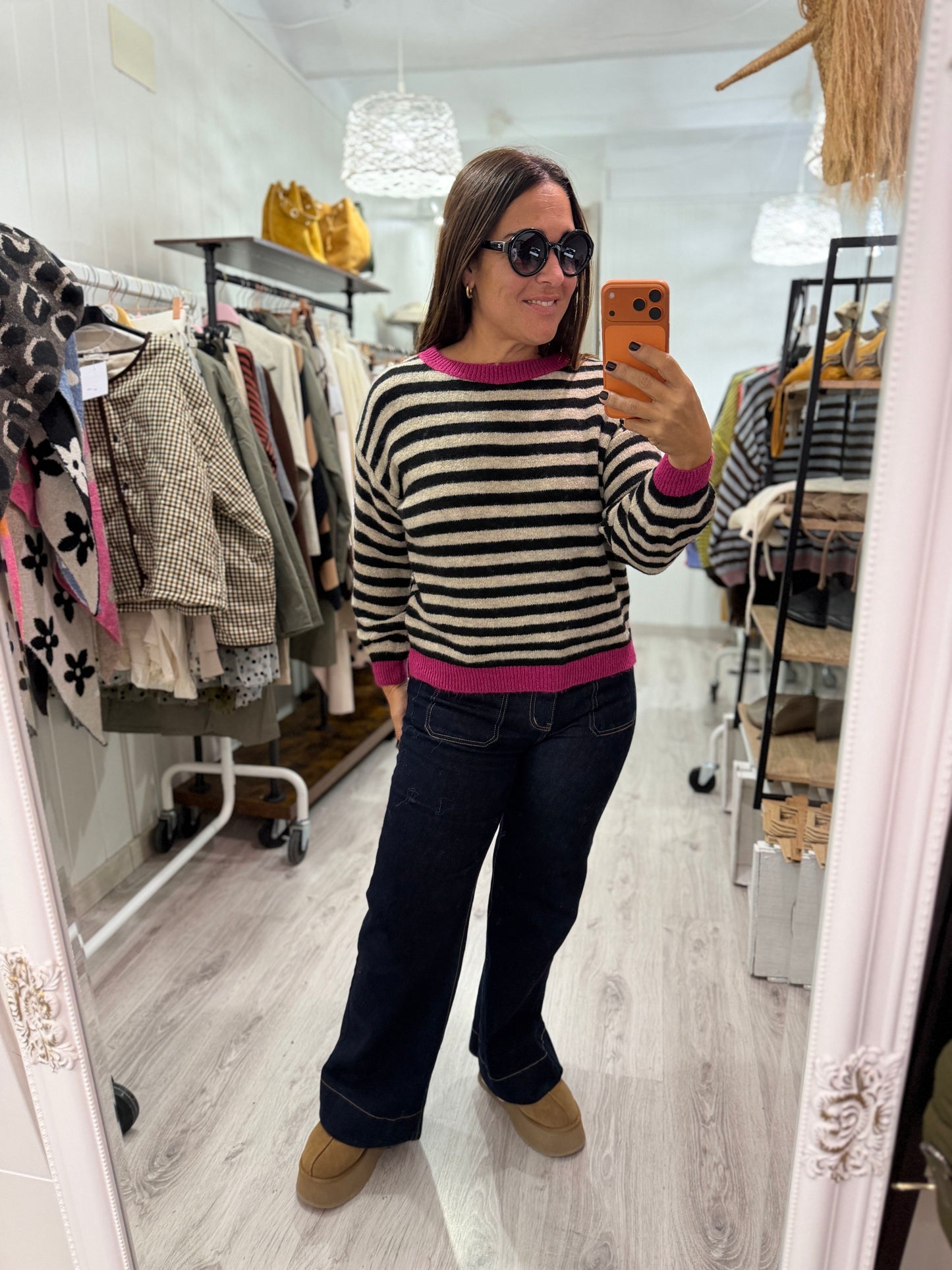 Jersei Candela negro, taupe y fucsia