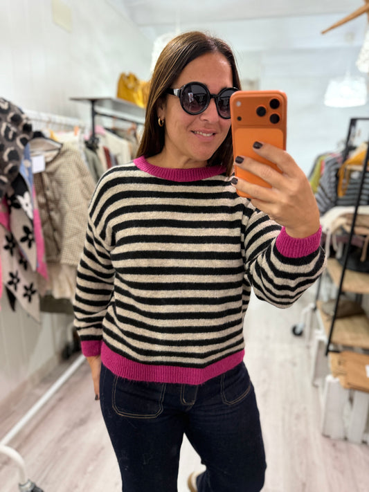 Jersei Candela negro, taupe y fucsia