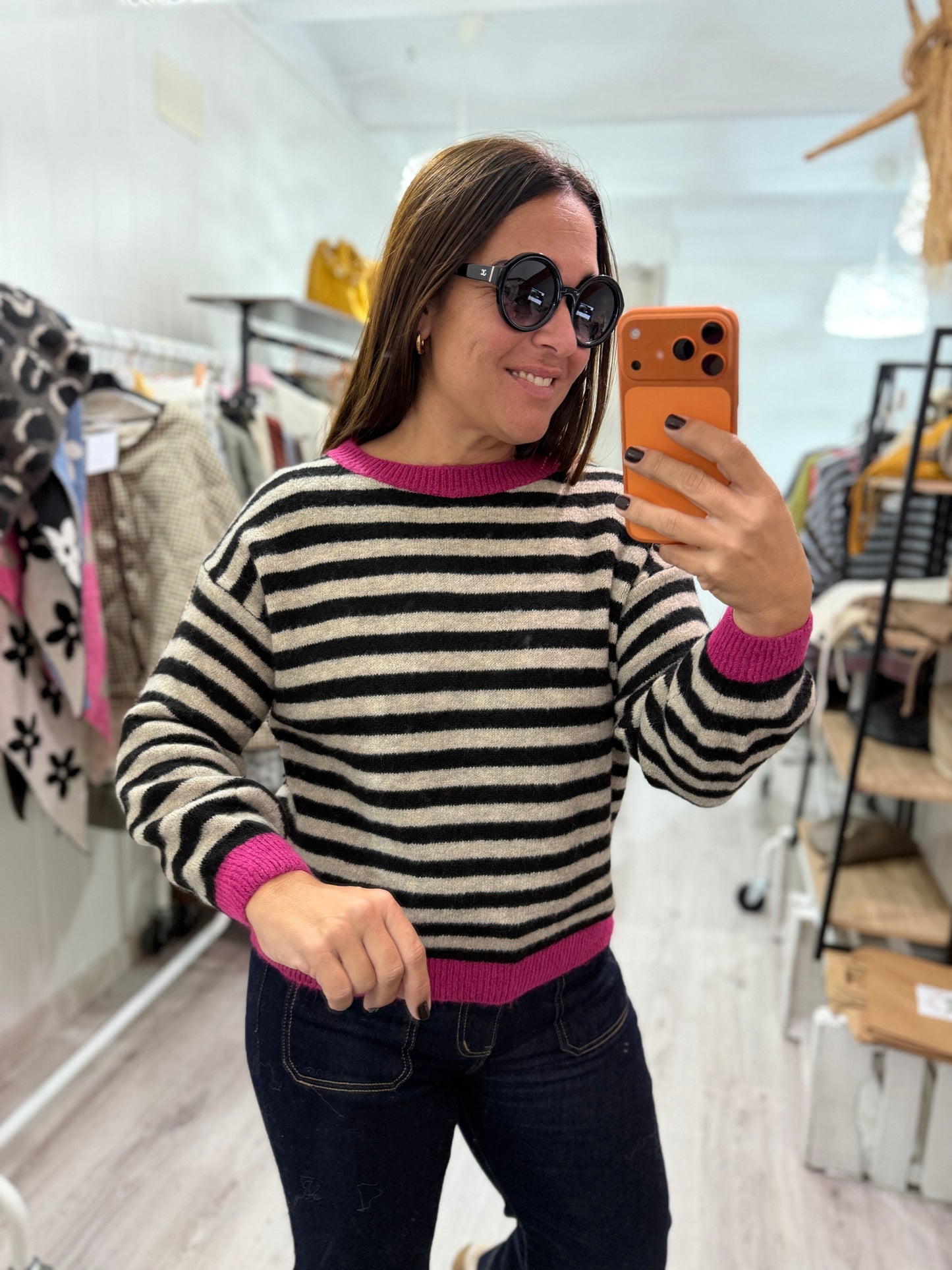 Jersei Candela negro, taupe y fucsia