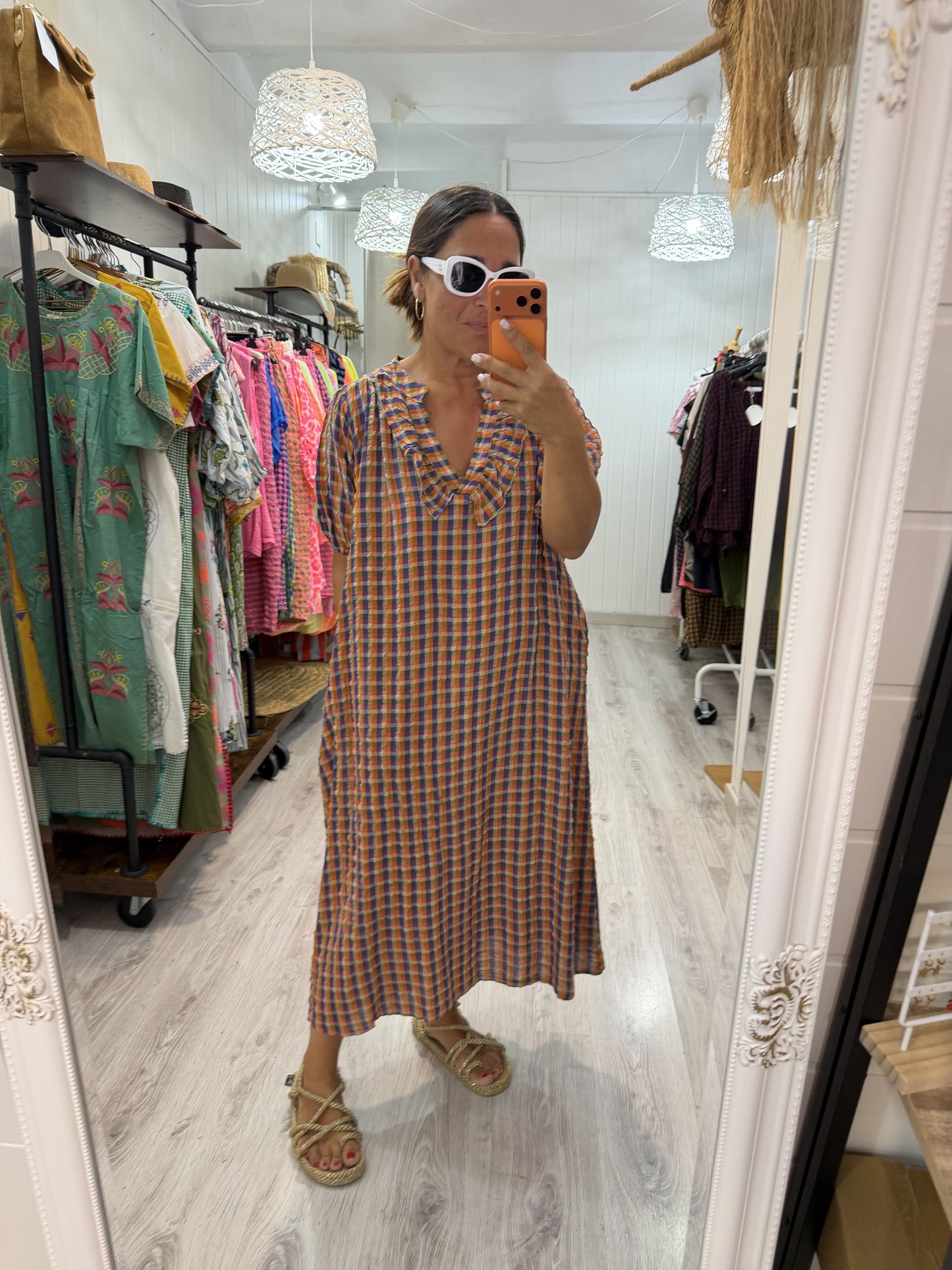 Vestido Puglia vichy naranja y berenjena