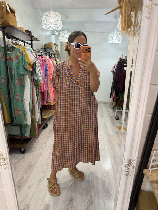 Vestido Puglia vichy naranja y berenjena
