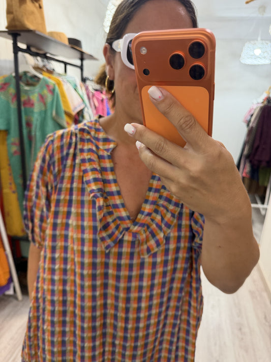 Vestido Puglia vichy naranja y berenjena