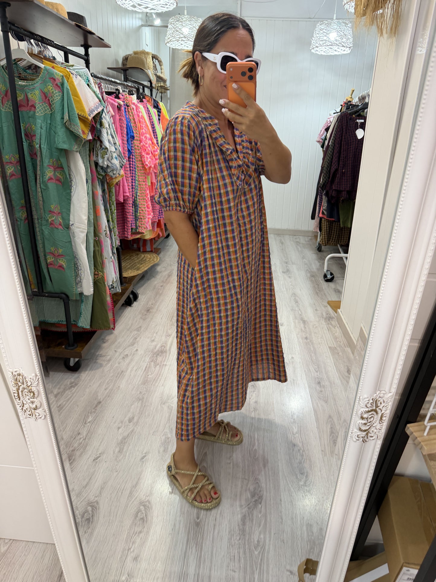 Vestido Puglia vichy naranja y berenjena