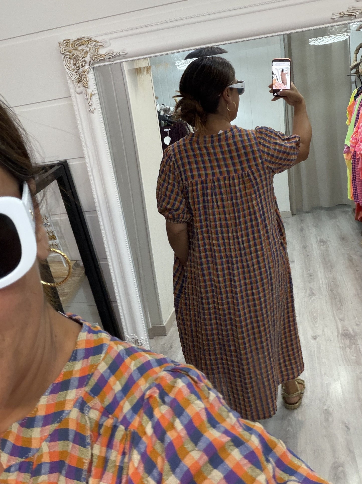 Vestido Puglia vichy naranja y berenjena
