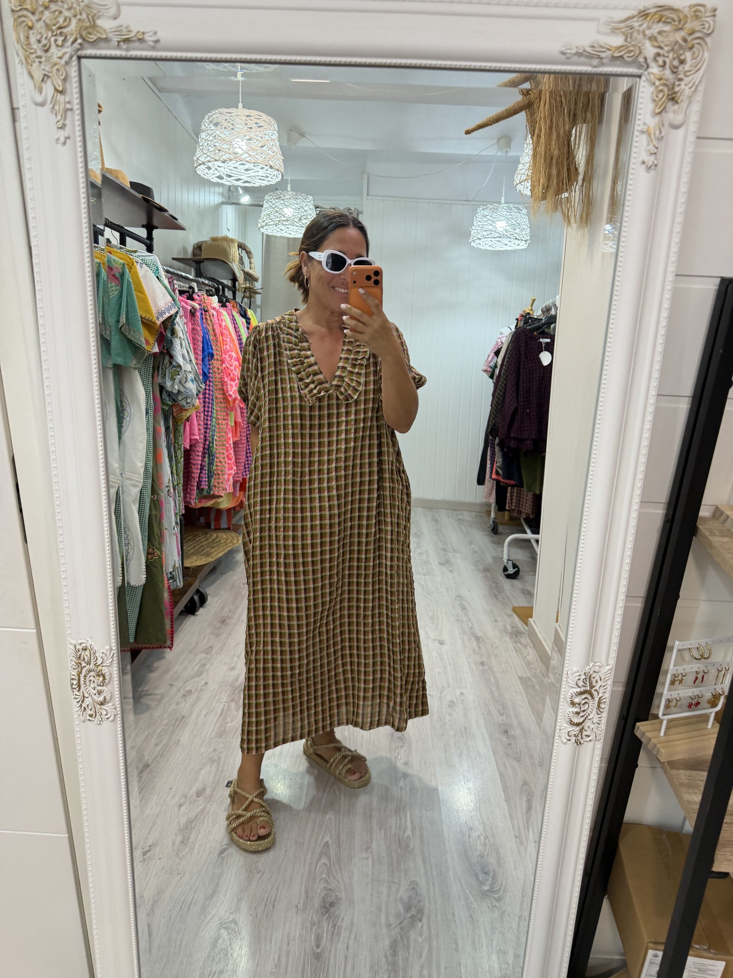 Vestido Puglia vichy kaki, chocolate y fucsia