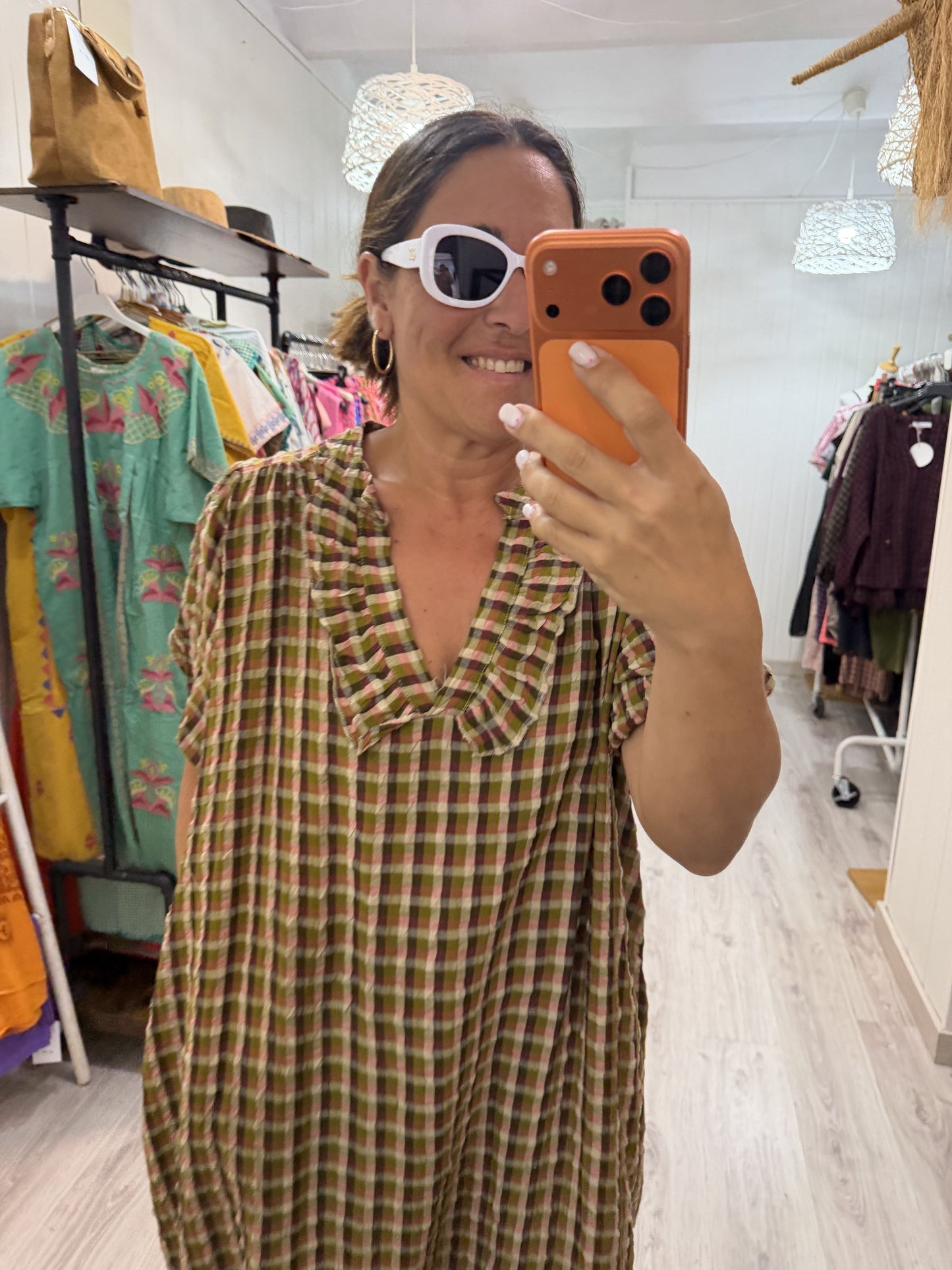 Vestido Puglia vichy kaki, chocolate y fucsia