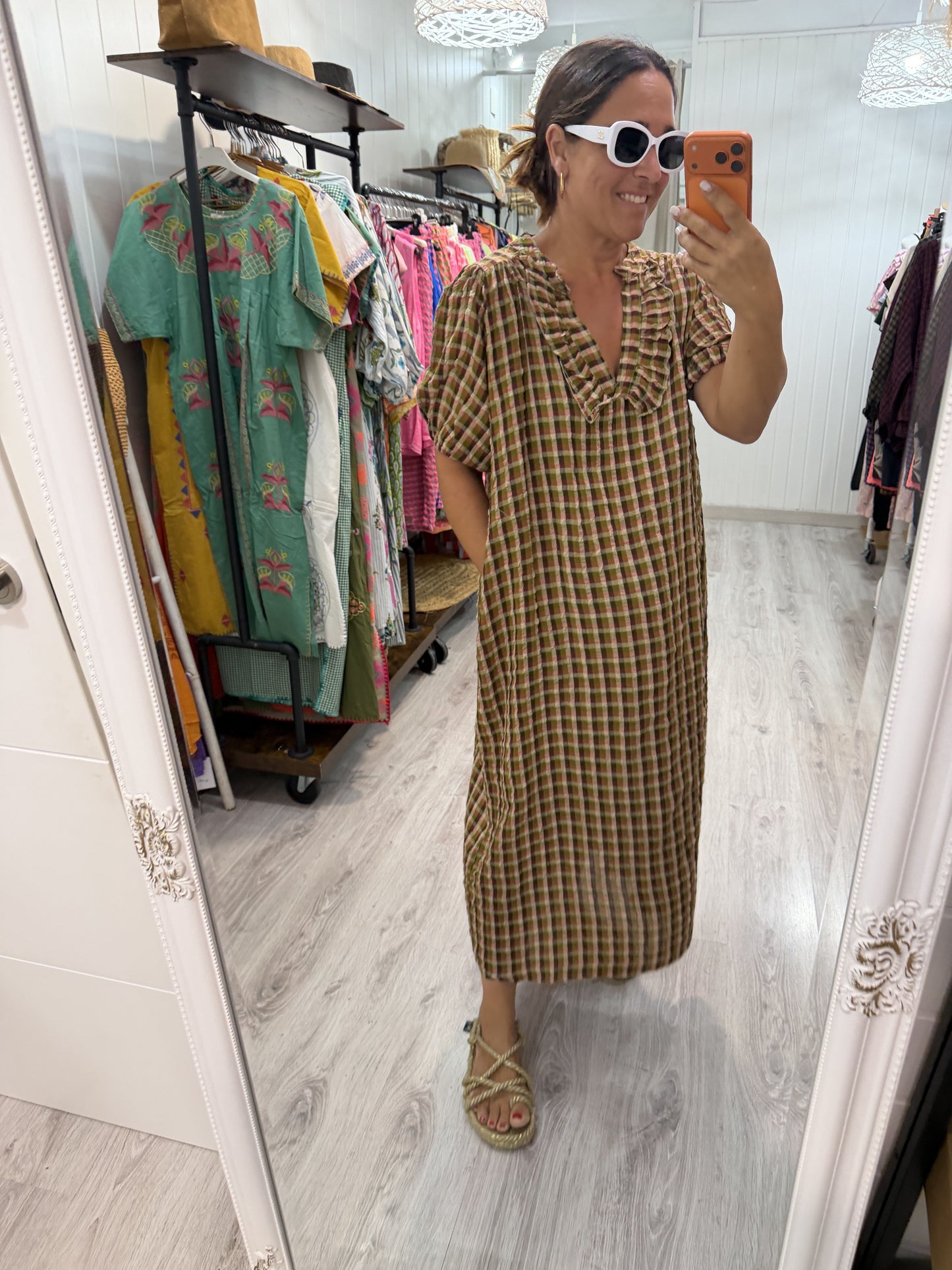 Vestido Puglia vichy kaki, chocolate y fucsia